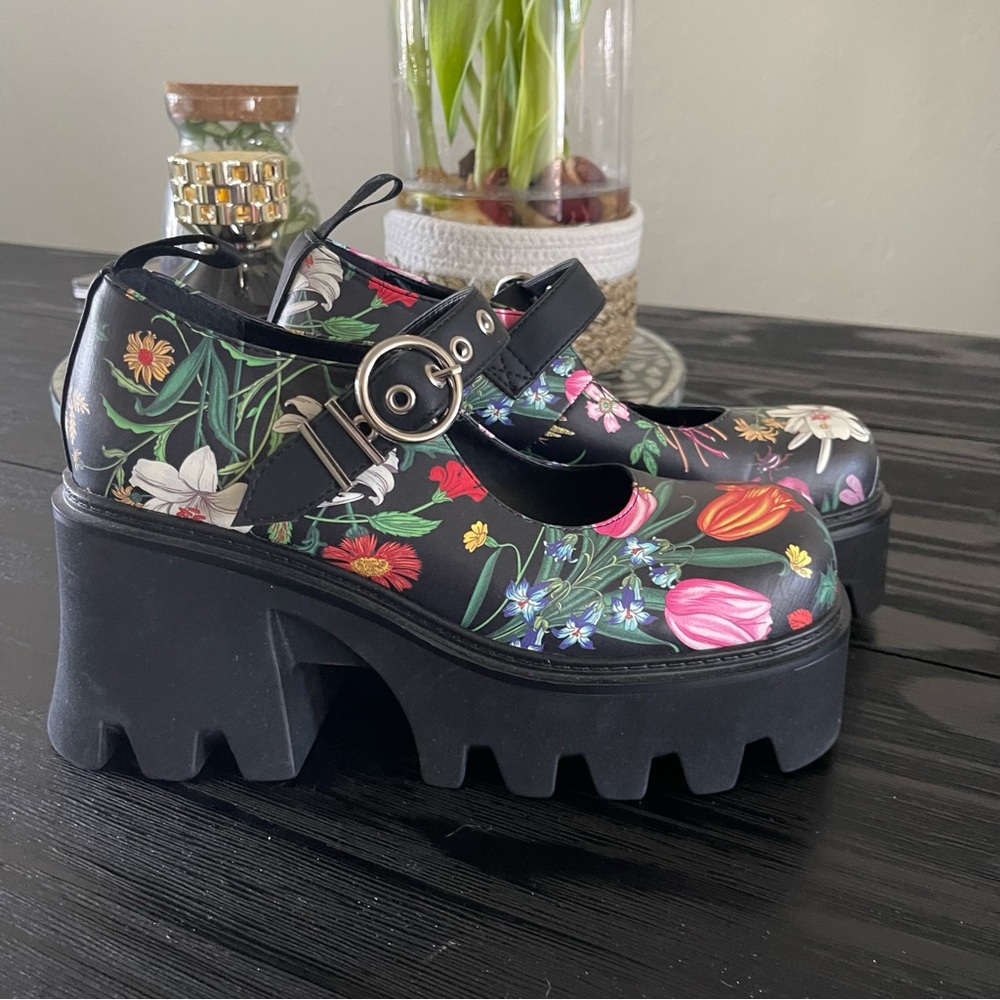 Lamoda Floral Platform Mary Jane Chunky Heel Shoes - Black Multi